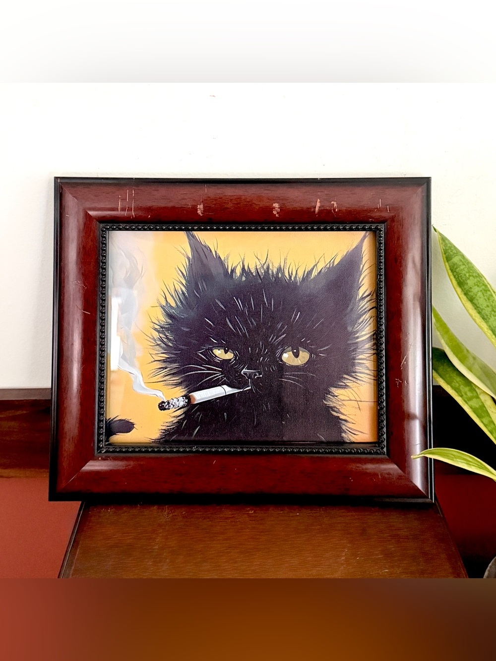 Disheveled Black Cat Smoking Cigarette Carved Distressed Frame Canvas Art Print